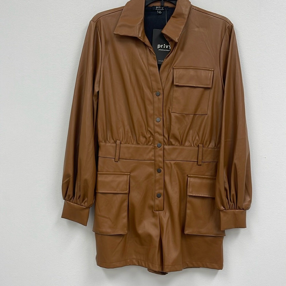 BRAND NEW FAUX LEATHER ROMPER IN CAMEL BY PRIVYUSA WOMEN’s SIZE MEDIUM/(8-10)